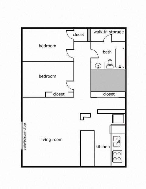 Floor plan for 2 beds, 1 bath, 972 sqft